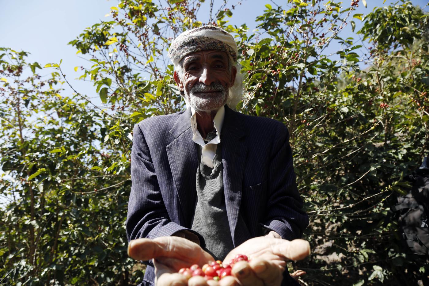 Petani memamerkan ceri kopi Yaman. Foto Middle east eye