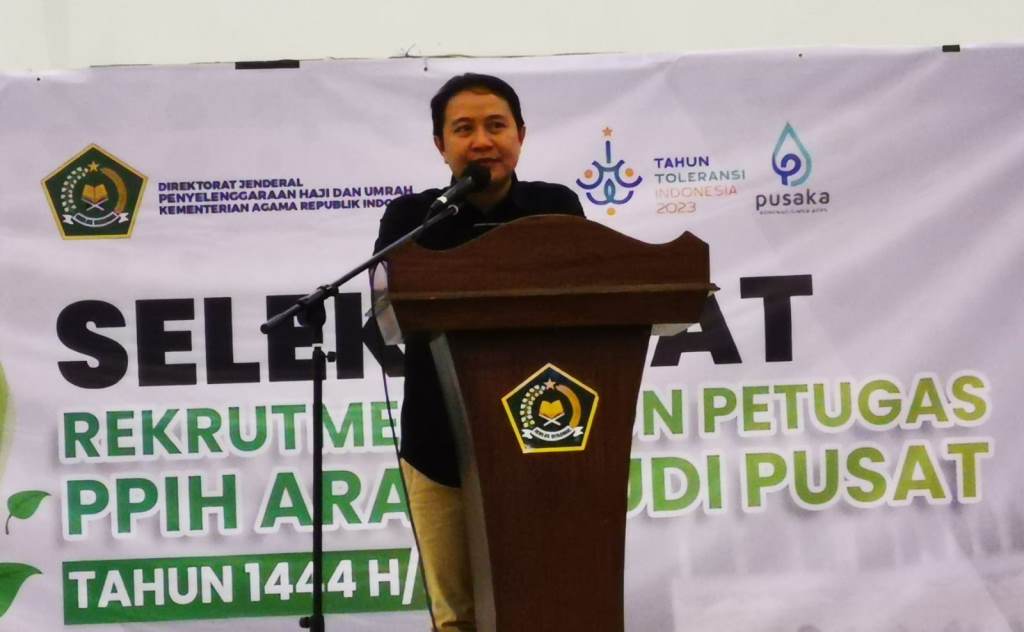 Dirjen Haji Hilman Latief saat memberikan sambutan pada ujian CAT dan wawancara petugas Haji 2023 (Foto: Medcom.id/Achmad Firdaus)